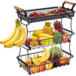 Металевий фруктовий кошик на 3 яруси з підставкою для бананів - чорний | Для кухні, обідньої зони, комори