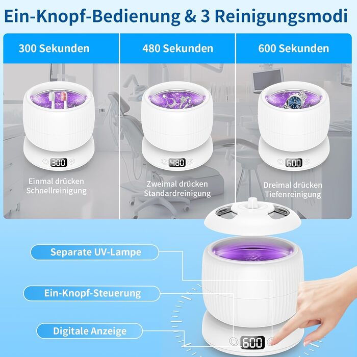 Ультразвуковий очищувач для зубних протезів, кап, брекетів та ювелірних виробів 200 мл, 45000 Гц, з УФ-лампою