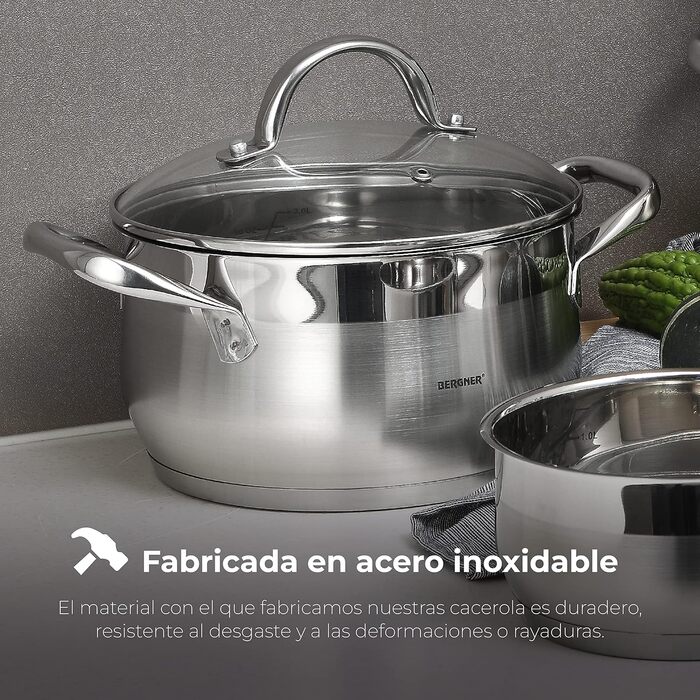 Каструля BERGNER Gourmet 8 л з кришкою, нержавіюча сталь, для всіх типів плит, ергономічні ручки