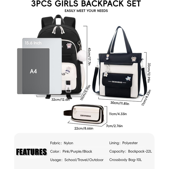 Рюкзак Tanou для дівчаток, шкільний набір: рюкзак, сумка через плече та пенал, чорний