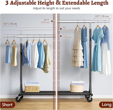 Легкий мобільний вішак для одягу на колесах FAVOOOSTY, металевий, до 200 кг, чорний, 1 стяжка