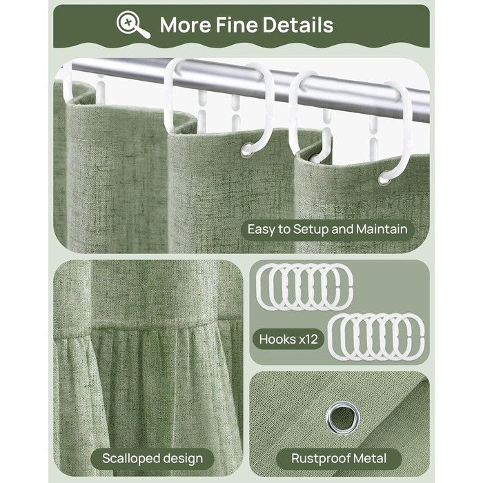 Штора для душу 180x180 см льон, зелена - водонепроникна, з антигрибковим покриттям, з утяжеленим краєм, з кільцями (1 шт)