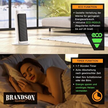 Електричний керамічний обігрівач Brandson з пультом дистанційного керування – тихий, енергозберігаючий, з термостатом та захистом від перегріву. Підходить для ванної, спальні, вітальні.