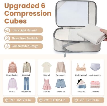 Набір компресійних органайзерів для валізи 6 шт., прозорі, бежеві - економія місця, міцний матеріал