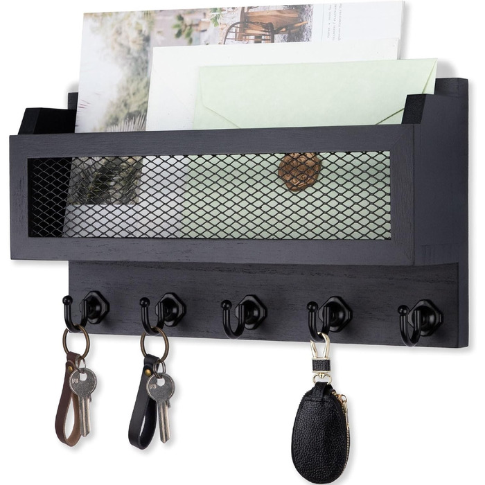 Brief and key holder for wall decoration, 27.9 cm (11 inches) wooden wall key organizer with 5 key hooks, wall mount, storage shelf for entryway, hallway (white) (black)