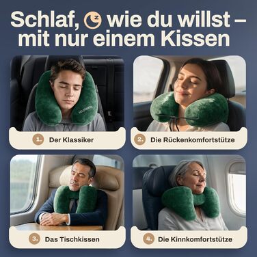 Подушка для шиї HELDENWERK® Air - для подорожей літаком та автомобілем | 5 положень, регульована, знімний капюшон | М'яка, зелена, для жінок та підлітків