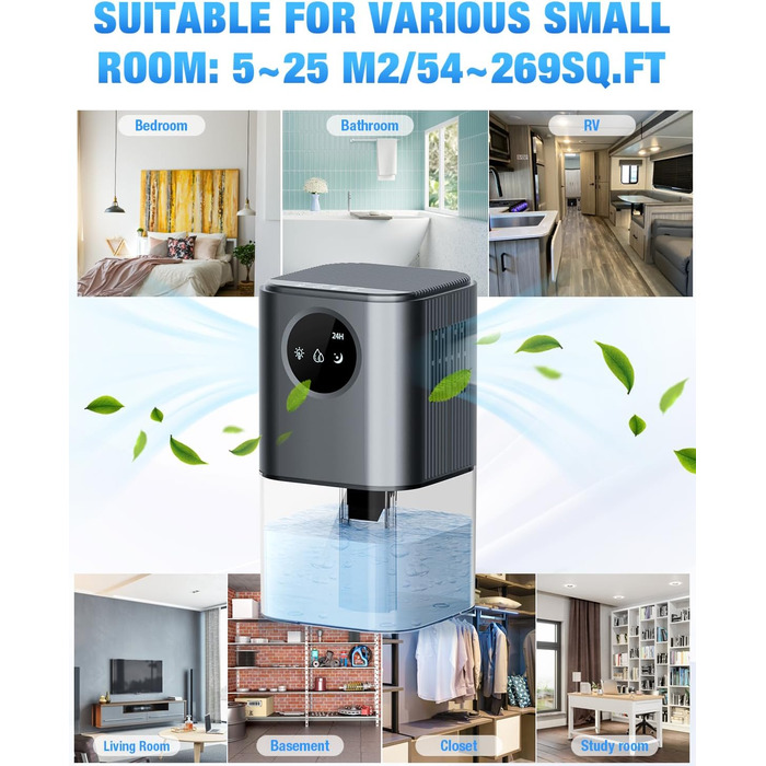 Електричний осушувач повітря Homtronics 1700 мл, портативний, тихий, з автовимкненням, 7 кольорів, для ванної, спальні, шафи, офісу, срібний