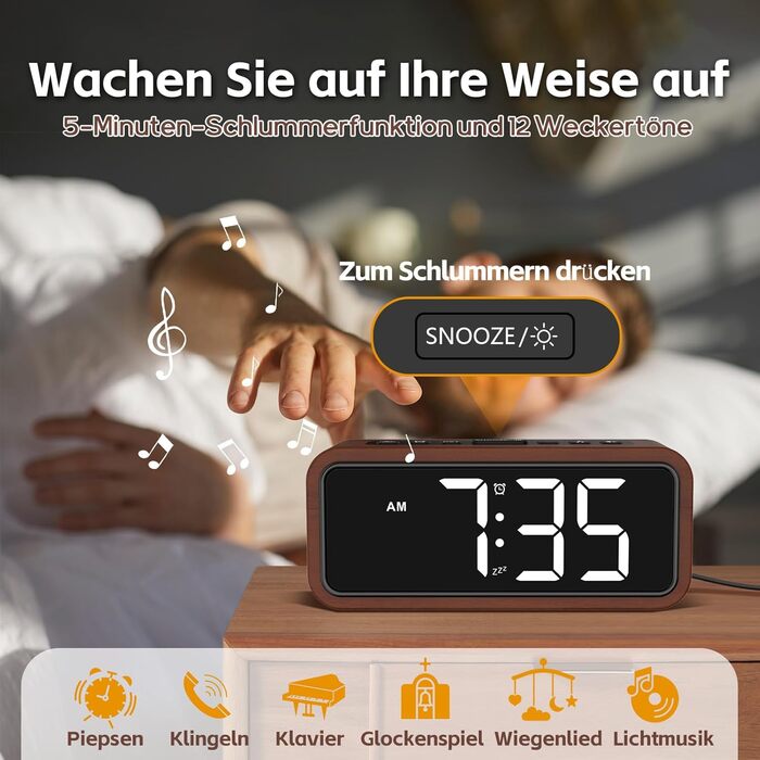 Loud Alarm Clock for Deep Sleepers, Wood Alarm Clock with LED Display, 12 Alarm Ringtone Options, 5 Adjustable Brightness Levels, 5 Volume Levels, Manual DST, Brown Retro Alarm Clock for Bedroom