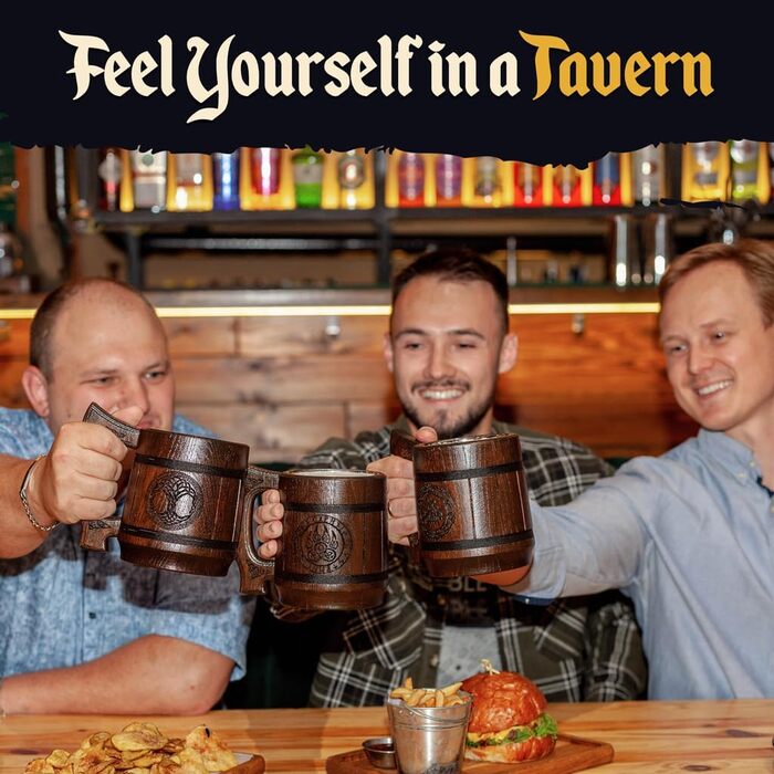 Діжка Wikinger 0.6 л з дуба - середньовічна діжка для пива, кружка, кубок з гравіюванням Молота Тора, рунами. Ідеальний подарунок для чоловіків, дерев'яний кубок з рунами, подарунок на День Святого Валентина