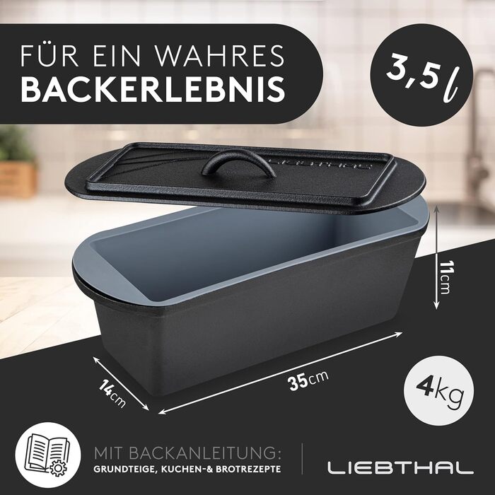 LIEBTHAL Loaf Pan with Lid - Precision-Fitting Non-Stick Silicone Insert - Pre-Seasoned Cast Iron Pot 3.5 L - Casserole Dish for Baking, Roasting, and Braising