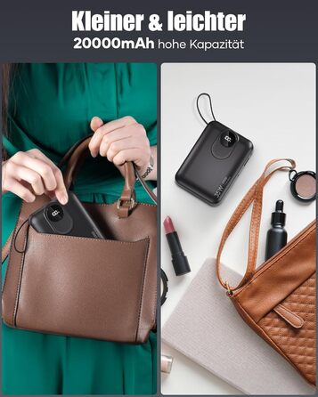 Power Bank 20000mAh з інтегрованим кабелем: швидка зарядка 22.5W, USB C (вхід та вихід), акумулятор для телефону, повербанк з 4 виходами та 2 входами, білий/чорний