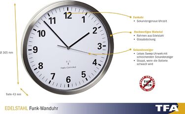 TFA Dostmann Analog Wall Clock Radio, with Stainless Steel Frame, Large, 30cm Diameter, White, 60.3523