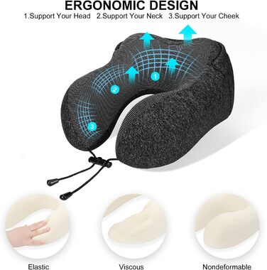 Подушка для шиї Eono з Memory Foam, з капюшоном, сірого кольору. Зручна подушка-вишийна для подорожей (літак, авто, поїзд, офіс, сон)