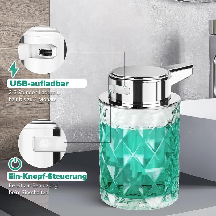 Phneems Automatic Soap Dispenser Glass Electric Soap Dispenser with Sensor 3 Levels Adjustable Soap Dispenser Automatic Dish Soap Dispenser USB Charging IPX5 Waterproof FOR Bathroom Kitchen Gel