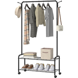Clothes Rack with 2-Tier Shelf, 3-in-1 Design, Clothes Stand with 4 Wheels, Coat Rack with 4 Hooks for Bags, GR07499A (Black)