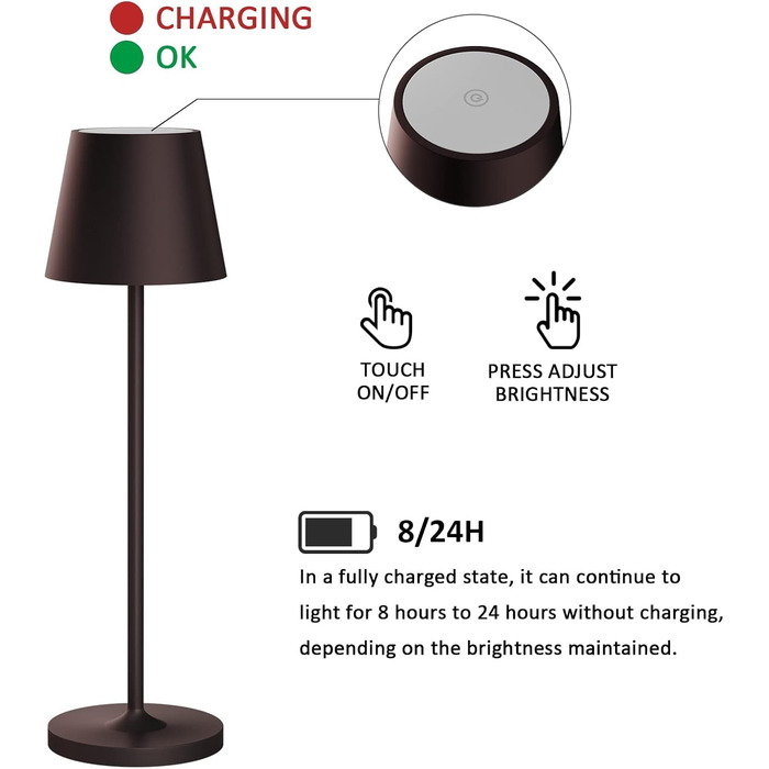 LED акумуляторна настільна лампа K-Bright диммер | Тепле світло | Для дому та вулиці | USB зарядка | Бронза