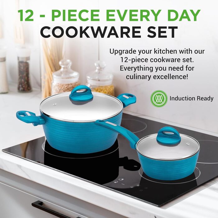 NutriChef Professional 12-Piece Nonstick Cookware Set – PFOA/PFOS-Free, Heat-Resistant Coating, Elegant Design, Pots and Pans in Various Sizes, Teal/Gray/Green