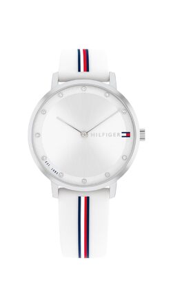Годинник Tommy Hilfiger для жінок з кварцовим механізмом та сталевим браслетом (ланцюговим або сітковим), з шкіряним або силіконовим ремінцем (білий, силікон)