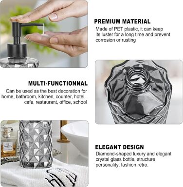 Дозатор мила чорний, скляний дозатор для ванної кімнати, наповнюваний дозатор з нержавіючою сталею, 2 підставки, 330 мл, вінтажний дизайн