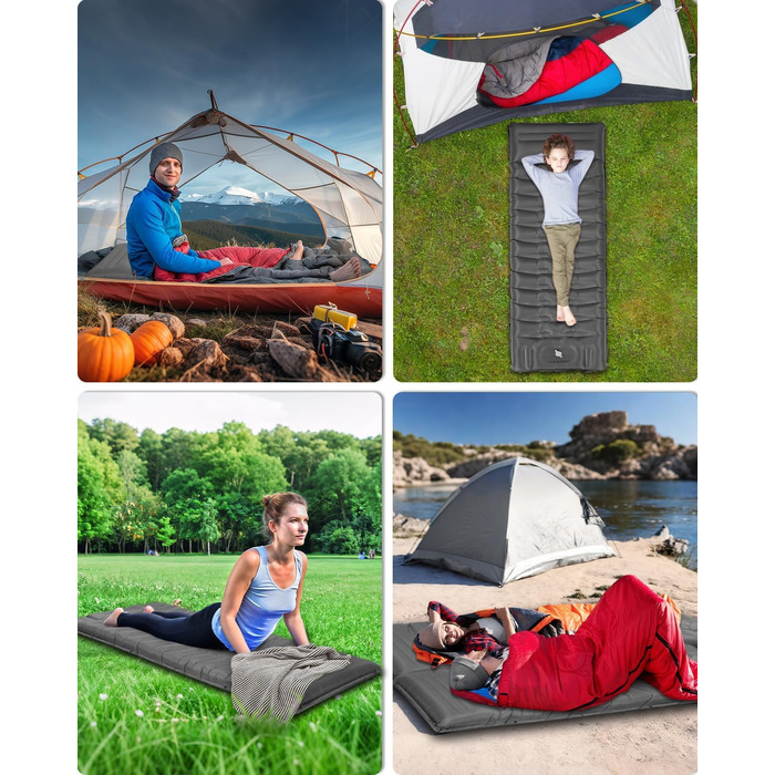 Tixexo Self-Inflating Sleeping Pad - Camping Air Mattress with Foot Pump - 13cm Thick, Spliceable, Outdoor Hiking & Camping Cushion - Grey