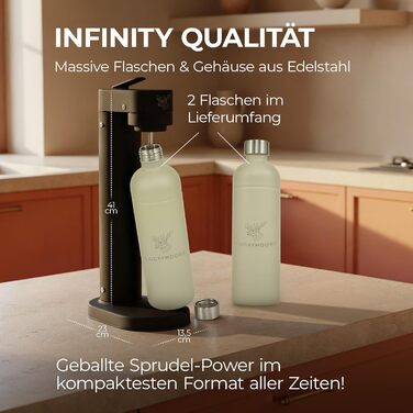 Luckymoose Infinity-S: Содогенератор з нержавіючої сталі, 2 пляшки 1.25л, чорний/пісочний. Машина для газування води знімною насадкою