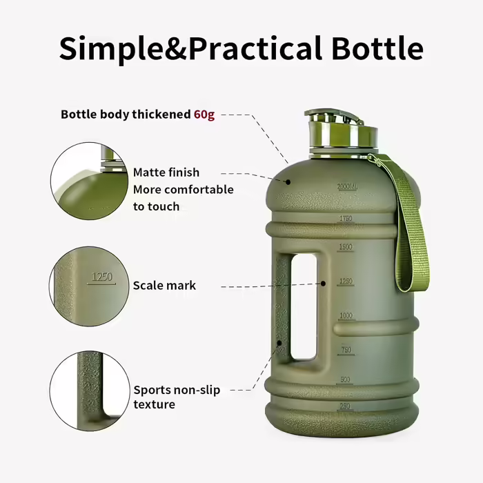 TOOFEEL Water Bottle 2L - 2 Liter Water Bottle BPA Free, Large Bottle, Reusable Sports Water Bottle with Marked Measurements, Gym Water Bottle - (Matte Olive Bottle, 2200 ml)
