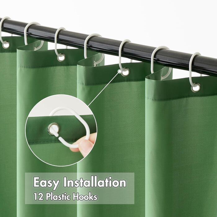 Шторка для душу MIULEE 180x200 см, зелена, водовідштовхувальна, антигрибкова, текстильна, для ванни та душу, з 12 кільцями