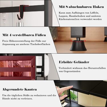 Expandable Microwave Shelf with 8 Hooks, 3-Tier Microwave Stand Freestanding Shelf Microwave Holder Baker's Rack Organizer for Kitchen Countertops, Black
