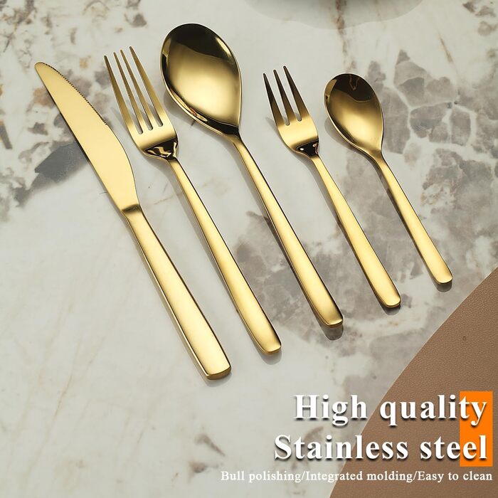 Gold Cutlery Set - 60-Piece Service for 12 People, Gold-Colored Titanium Stainless Steel Cutlery Set, Gold Spoons, Forks, and Knives Set for Home, Wedding, Restaurant, Hotel, Dishwasher-Safe