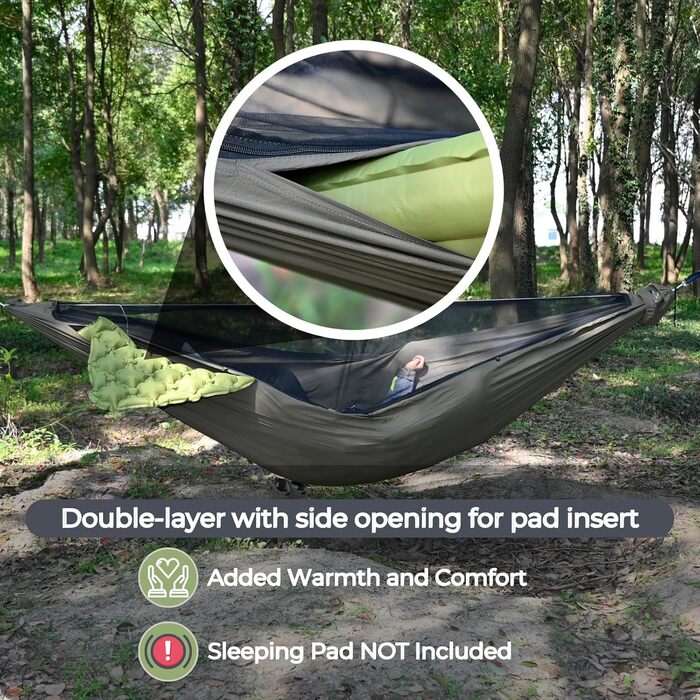 Onewind Premium 11' Camping Zippered Hammock, Single Portable Hammock with Mosquito Net and Tree Straps for Travel, Camping, Backpacking, and Hiking… (From Green Double Layer, 335cm*162cm)