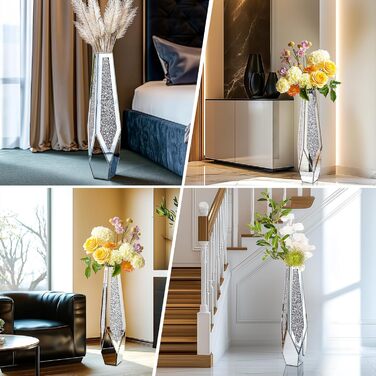 Ваза для квітів напольна 68 см, срібна ваза з кристалами для пампас трави, скляна ваза з дзеркальними діамантами, декоративна розкішна блискуча ваза для вітальні, декор інтер'єру – не для води (23 см x 85,5 см)