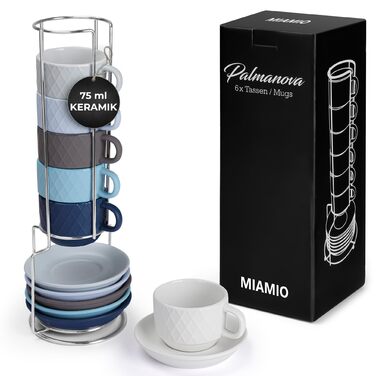 Набір келихів для еспресо Miamio Palmanova (Ocean) - 6 шт по 75 мл, з підставкою, кераміка