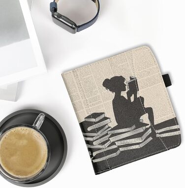 Чохол-книжка kwmobile для Pocketbook Era/Era Color з кишенею та петлею для руки - з дизайном 'Читаюча жінка' чорно-бежевий