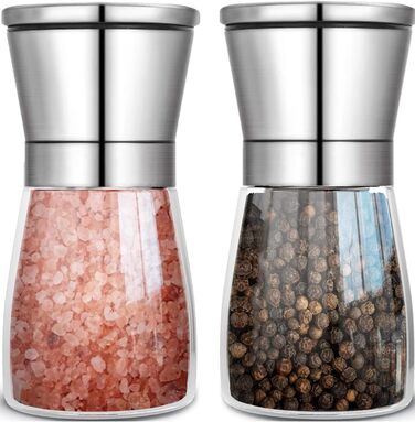 Набір з 2 мельниць для солі та перцю - сталеві та скляні з регульованим керамічним жорном, з можливістю поповнення, для солі та перцю