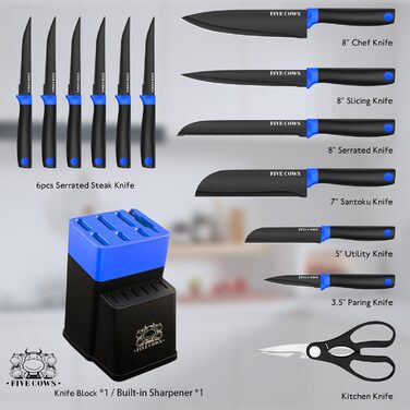 Набір кухонних ножів FIVE COWS (14 предметів) з самозаточуванням, з ножем для стейка та ножицями, синій