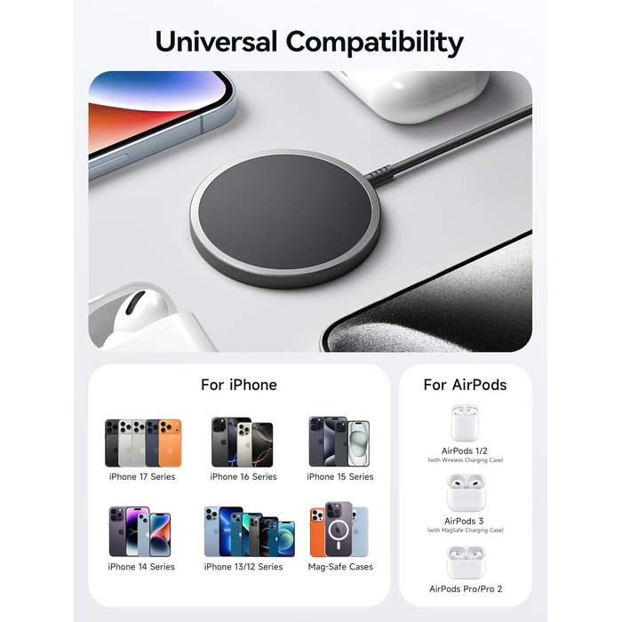 Бездротовий зарядний пристрій JSAUX MagSafe 15W, сумісний з iPhone 17 Air Pro Max, iPhone 16/15/14/13/12, AirPods 3/2, колір: синій (чорний)