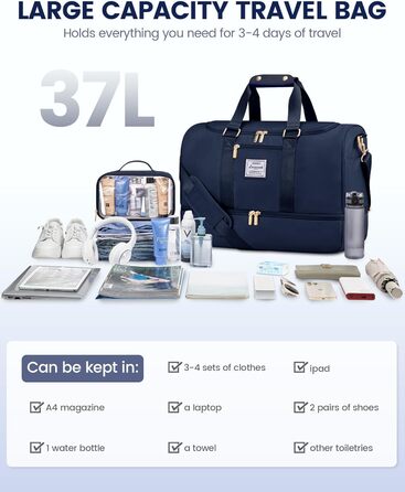 Спортивна сумка LOVEVOOK для подорожей: жіноча дорожня сумка-weekender з косметичкою, відділенням для взуття та мокрих речей, водонепроникна, ручна поклажа, для фітнесу, відпочинку, кемпінгу, блакитна M