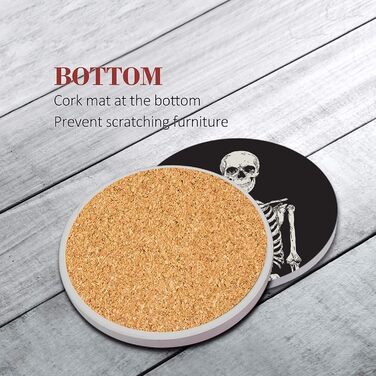 Britimes Drink Coasters, Set of 6, White Marble, Inspiring Love, Absorbent, Round, Ceramic-Stone Mat, with Cork Bottom and Metal Holder, Housewarming Gift, Bar, Decor (Skeleton)