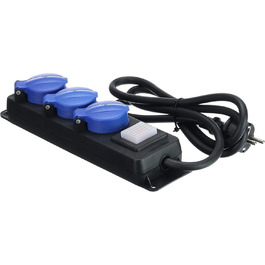 Розподільник розеток Schwabe 3-fach з вимикачем, заземленням, кришкою, 1.5 м, для зовнішнього використання, 230V, 16A, IP44, чорний, синій