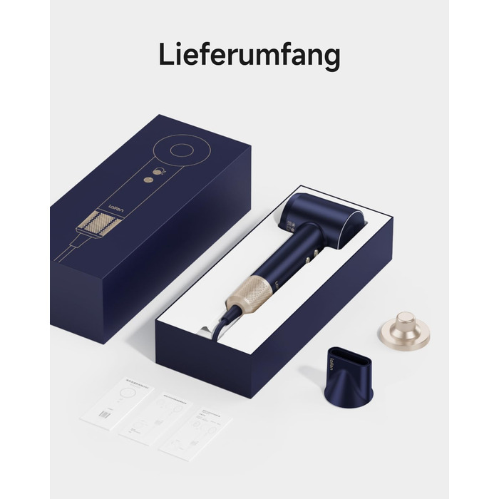 Фен Laifen з магнітною насадкою, 200 млн негативних іонів, 110 000 об/хв, швидке сушіння, Swift Premium, кобальтово-синій