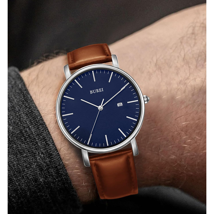 Годинник чоловічий BUREI Ultra тонкий аналоговий з датою, кварцовий механізм Japan, подарунок для чоловіків (срібло, шкіряний ремінець)