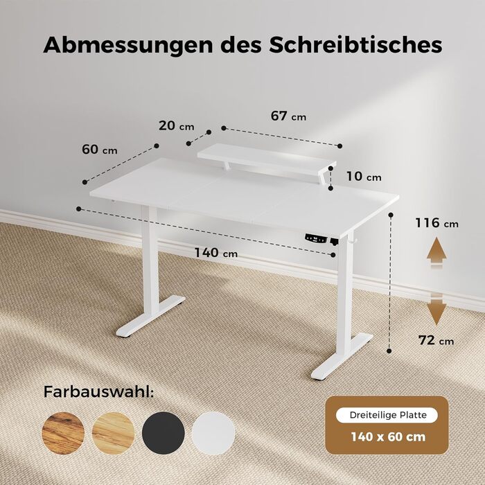 Електричний регульований стіл Agilestic 140x60 см з моніторним кріпленням, 2 пам'яті, 3-секційна стільниця, для дому та офісу, білий