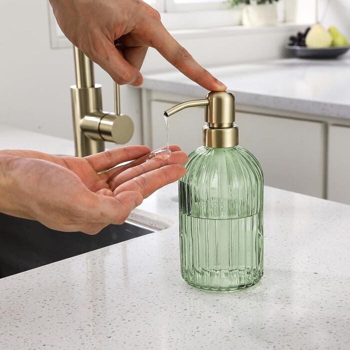 Дозатор для мила з бурштинового скла, 473 мл, з щіткою з золота, для ванної кімнати та кухні