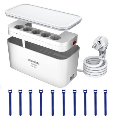 Клема з кабельною коробкою білого кольору, мережевий фільтр із 5 розетками та 3 USB-портами, органайзер для столу, коробка для кабелів з адаптером розеток, 29.5 * 14 * 14 см, кабель 2 м білий