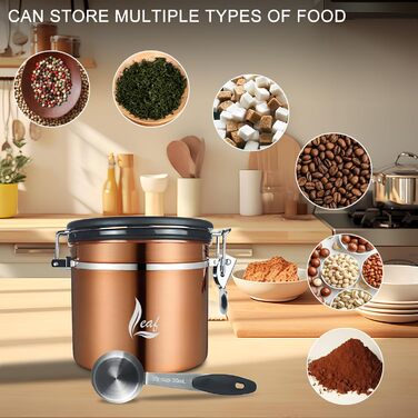 Контейнер для кави з нержавіючої сталі 1000 мл – герметичний дизайн з мідним покриттям, клапан CO₂, індикатор дати та мірна ложка – для кавових зерен та меленої кави