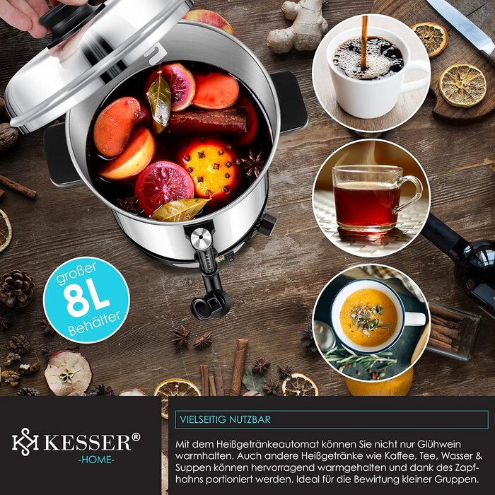 KESSER® Mulled Wine Boiler 8L Stainless Steel Incl. 10 Cups Mulled Wine Cooker with Thermostat Mulled Wine Dispenser Hot Beverage Dispenser Water Boiler Hot Water Dispenser Canning Device Level Indicator Tap Silver