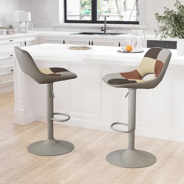 YOUNIKE 2-Piece Adjustable Bar Stools - Boho Patchwork Design - Swivel Kitchen Bar Chairs with Hollow Backrest - Yellow Green (Gray Beige)