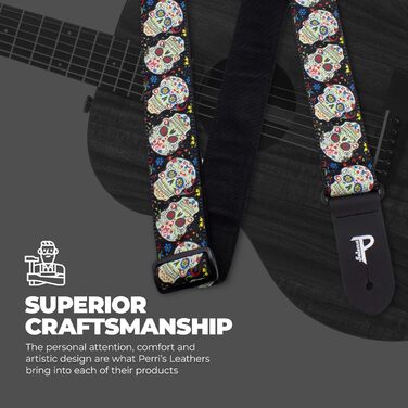 Гітарний ремінь Perri's Leathers з нейлону з жаккардовим малюнком троянд та черепів (бежевий, регульований) - для акустичної, бас та електрогітари, з Канади