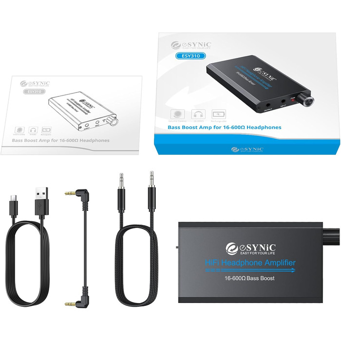 eSynic Підсилювач для навушників HiFi – портативний, 3.5mm AUX, 1000mAh, для MP3/MP4/Smartphone/PC, підходить для навушників 16-600 Ом, алюмінієвий корпус