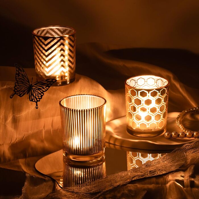 Toptime Tealight Holders, 12 Pieces, Glass Candle Holders for Table Decoration, Romantic Vintage Tealight Glasses with Embossed Dot Pattern, Small Tealight Glass for Wedding, Birthday, Christmas (Gold)
